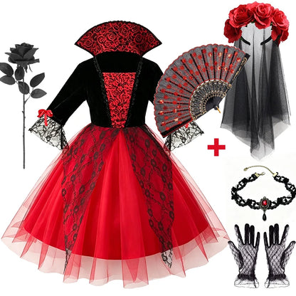 Gothic Vampire Bride Costume for Girls - Lace Tulle Dress with Accessories