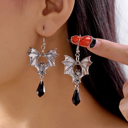 Gothic Vampire Bat Drop Earrings — Black Crystal Halloween Jewelry
