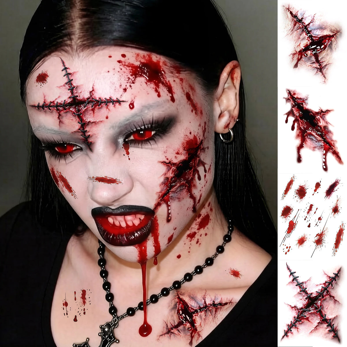 Realistic Wound & Scar Temporary Tattoos — Halloween Zombie Makeup, 4 Sheets