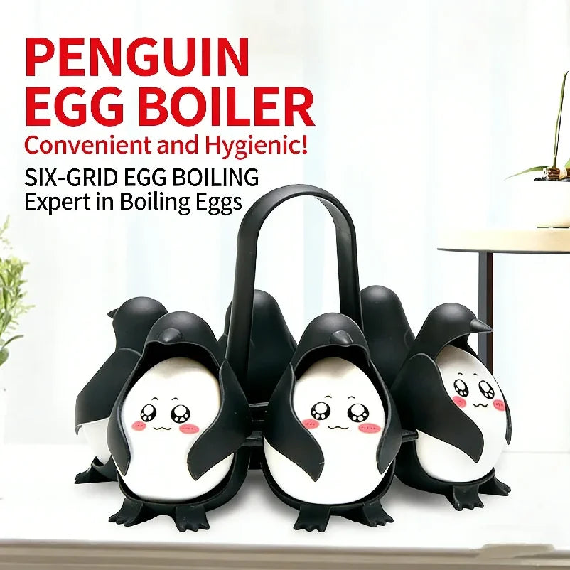 Penguin-shaped egg boiler with cartoon faces on a white background