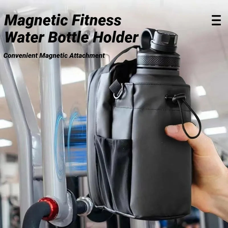 Black magnetic fitness water bottle holder attached to a treadmill.
