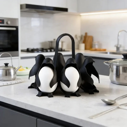 Penguin-shaped egg holder on a kitchen counter