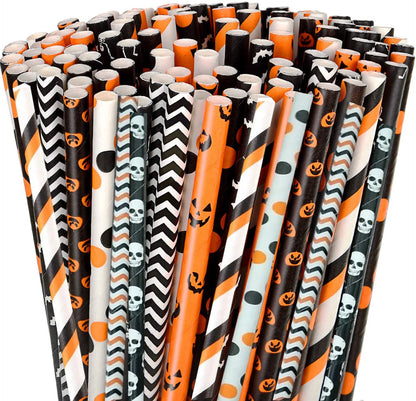 Halloween Paper Straws — Spider, Skull, Pumpkin & Bat Party Supplies