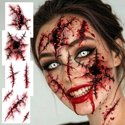 Realistic Wound & Scar Temporary Tattoos — Halloween Zombie Makeup, 4 Sheets