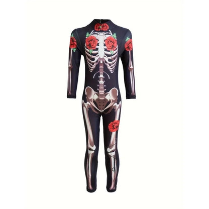 Skeleton Rose Bodycon Jumpsuit – Women's Long Sleeve Sugar Skull Catsuit Halloween Costume