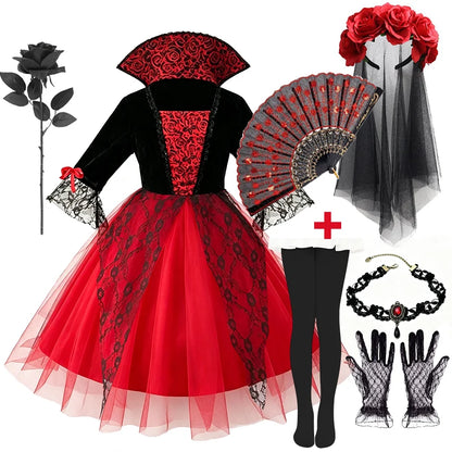 Gothic Vampire Bride Costume for Girls - Lace Tulle Dress with Accessories
