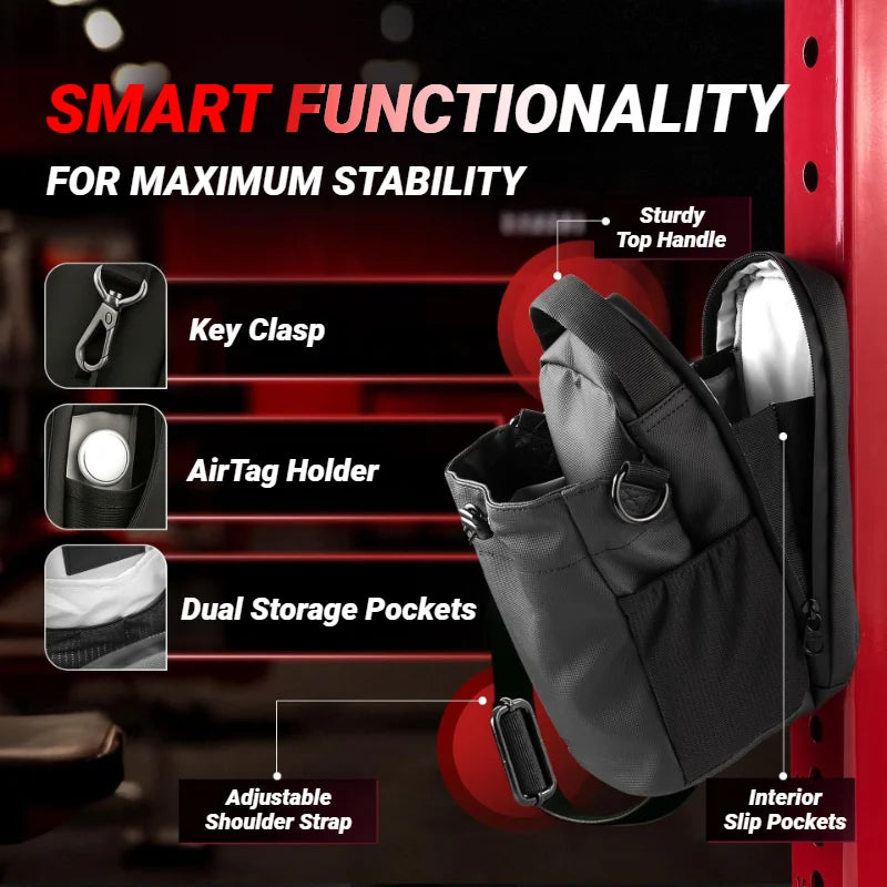 Black bag with features highlighted on a dark background