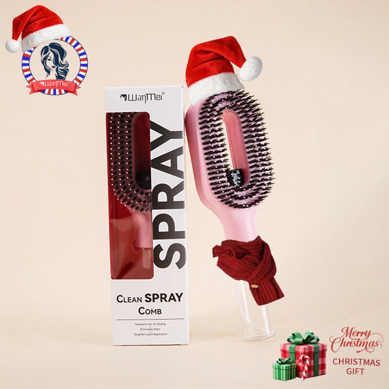 Hairbrush with Santa hat and packaging labeled 'Clean Spray Comb' on a beige background.
