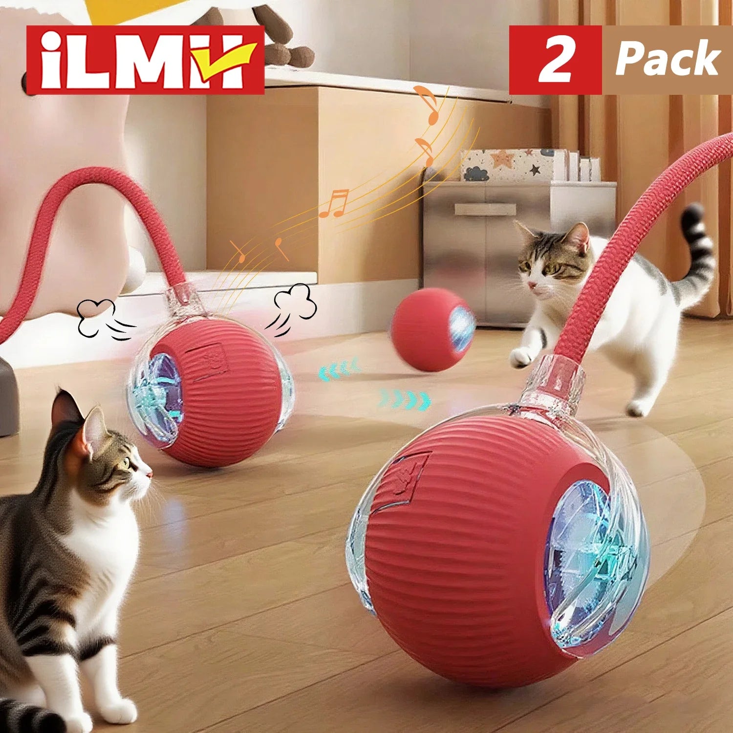 Red ball with a rope and light-up feature for cats, 2-pack, on a wooden floor with a cat in the background.