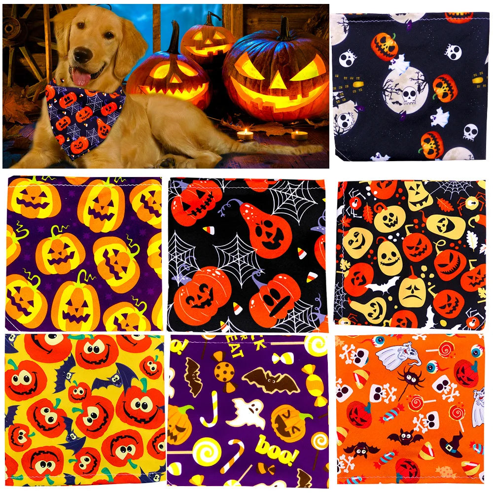 Halloween Dog Bandana – Pumpkin, Skull & Ghost Print for Dogs & Cats