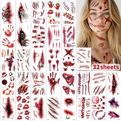Fake Scar Temporary Tattoos, 32 Pcs – Zombie & Wound Halloween Makeup