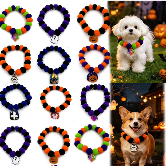 Halloween Pet Bow Ties & Pom-Pom Collars, 12 Pack – Pumpkin & Ghost