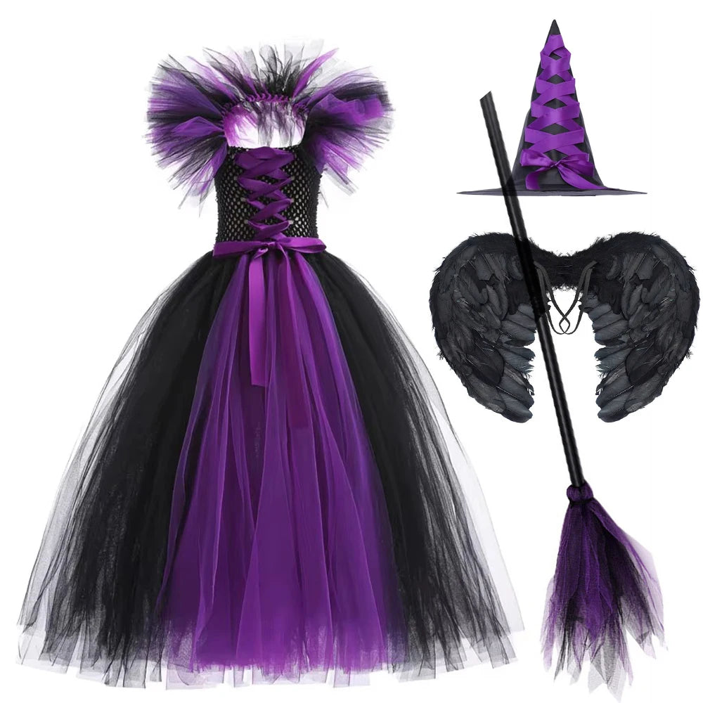 Gothic Witch Costume for Girls – Black & Purple Horror Dress