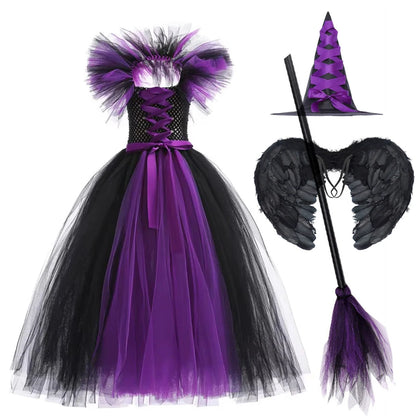 Gothic Witch Costume for Girls – Black & Purple Horror Dress