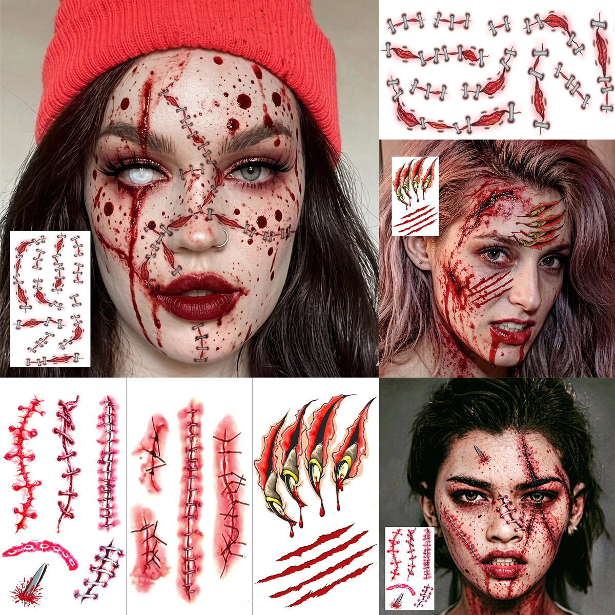 Realistic Wound & Scar Temporary Tattoos — Halloween Zombie Makeup, 4 Sheets