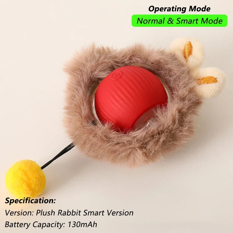Plush rabbit-shaped toy with a red ball inside, featuring operating modes and specifications on a light background.