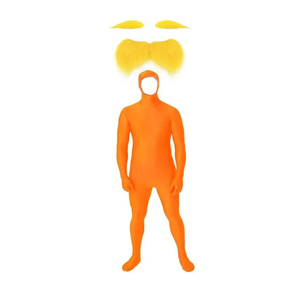 Orange Bodysuit Costume with Moustache & Eyebrows - Kids & Adult Halloween Jumpsuit