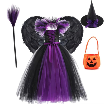 Gothic Witch Costume for Girls – Black & Purple Horror Dress
