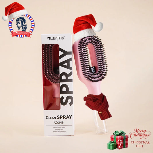 Hairbrush with Santa hat and packaging labeled 'Clean Spray Comb' on a beige background.