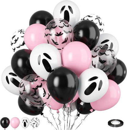 Pink & Black Halloween Balloon Set – Ghost & Bat Party Decor