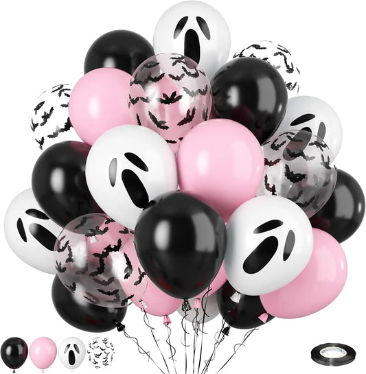 Pink & Black Halloween Balloon Set – Ghost & Bat Party Decor