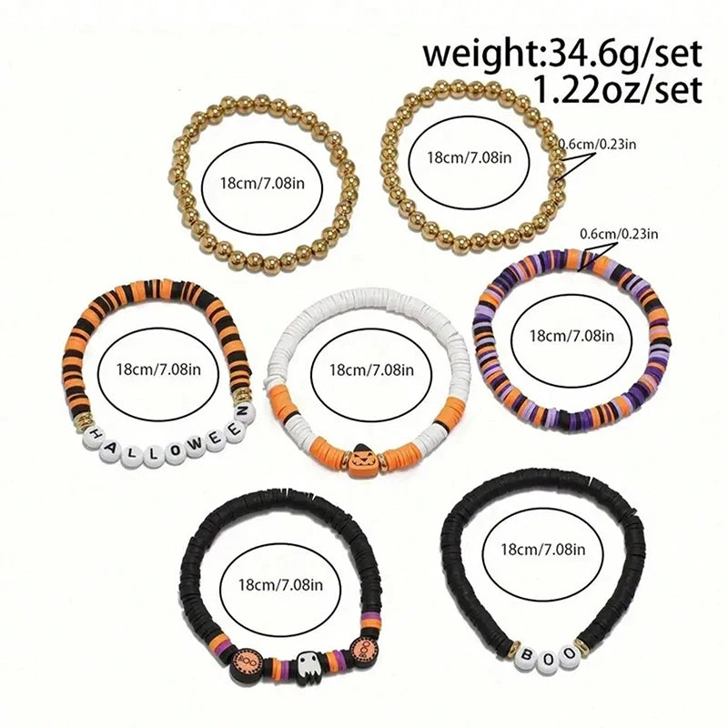 7-Piece Halloween Beaded Bracelet Set — Retro Pumpkin Polymer Clay Jewelry