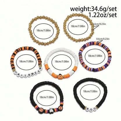 7-Piece Halloween Beaded Bracelet Set — Retro Pumpkin Polymer Clay Jewelry
