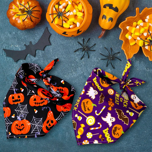 Halloween Dog Bandana – Pumpkin, Skull & Ghost Print for Dogs & Cats