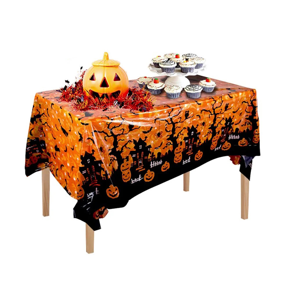 Halloween Plastic Tablecloth – Pumpkin, Spider Web & Bat Design
