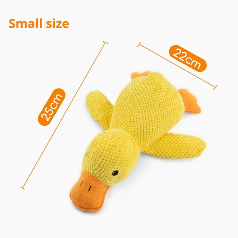 Small yellow duck plush toy with measurements on a white background
