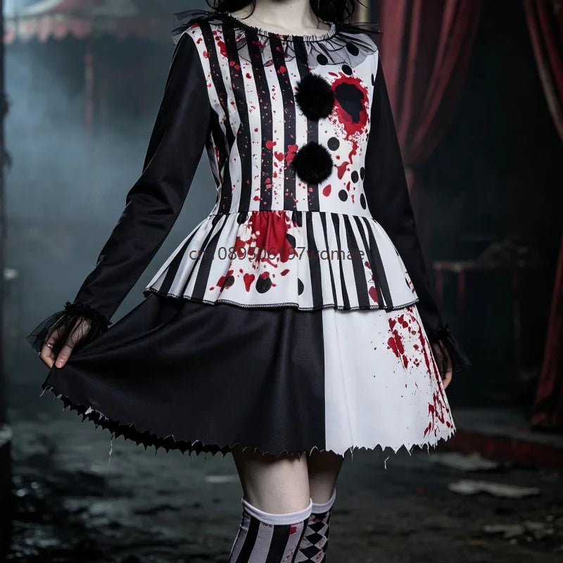 Horror Clown Costume for Women – Blood Splatter Circus Dress