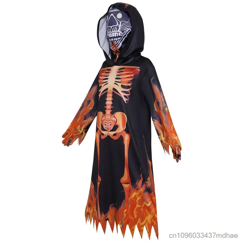 Flame Skeleton Hooded Robe Costume – Skull Ghost Cosplay Suit