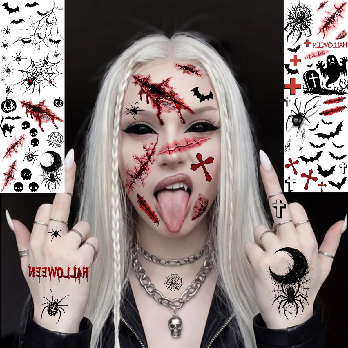 Realistic Wound & Scar Temporary Tattoos — Halloween Zombie Makeup, 4 Sheets