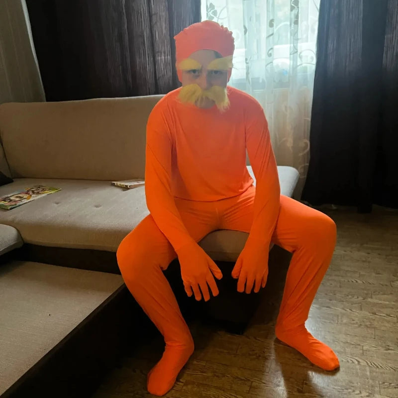 Orange Bodysuit Costume with Moustache & Eyebrows - Kids & Adult Halloween Jumpsuit