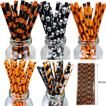 Halloween Paper Straws — Spider, Skull, Pumpkin & Bat Party Supplies