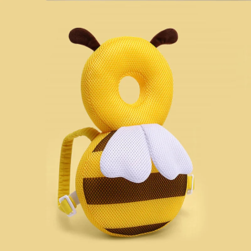 Yellow bee-shaped backpack with brown accents on a yellow background, featuring the Aibedila brand.