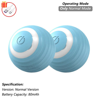 Two blue electronic balls with white accents on a white background, featuring USB charging icon and text about operating mode and specifications.