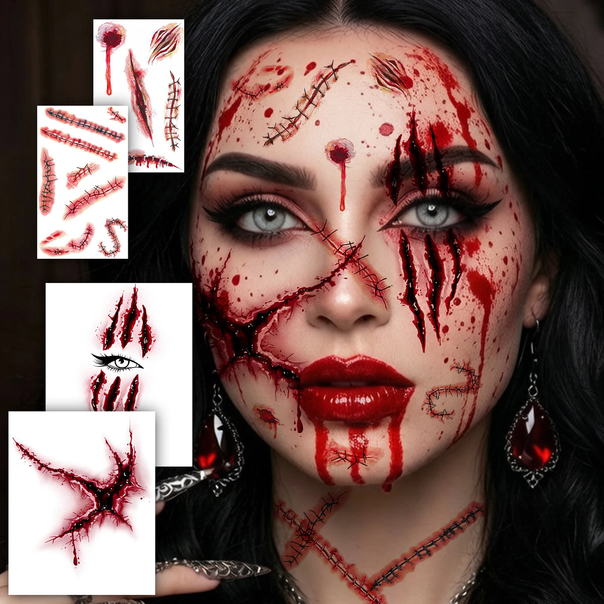 Realistic Wound & Scar Temporary Tattoos — Halloween Zombie Makeup, 4 Sheets