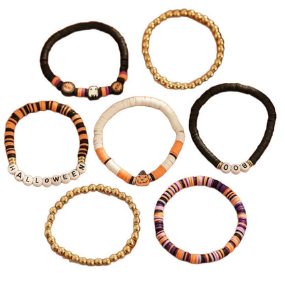 7-Piece Halloween Beaded Bracelet Set — Retro Pumpkin Polymer Clay Jewelry