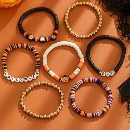 7-Piece Halloween Beaded Bracelet Set — Retro Pumpkin Polymer Clay Jewelry