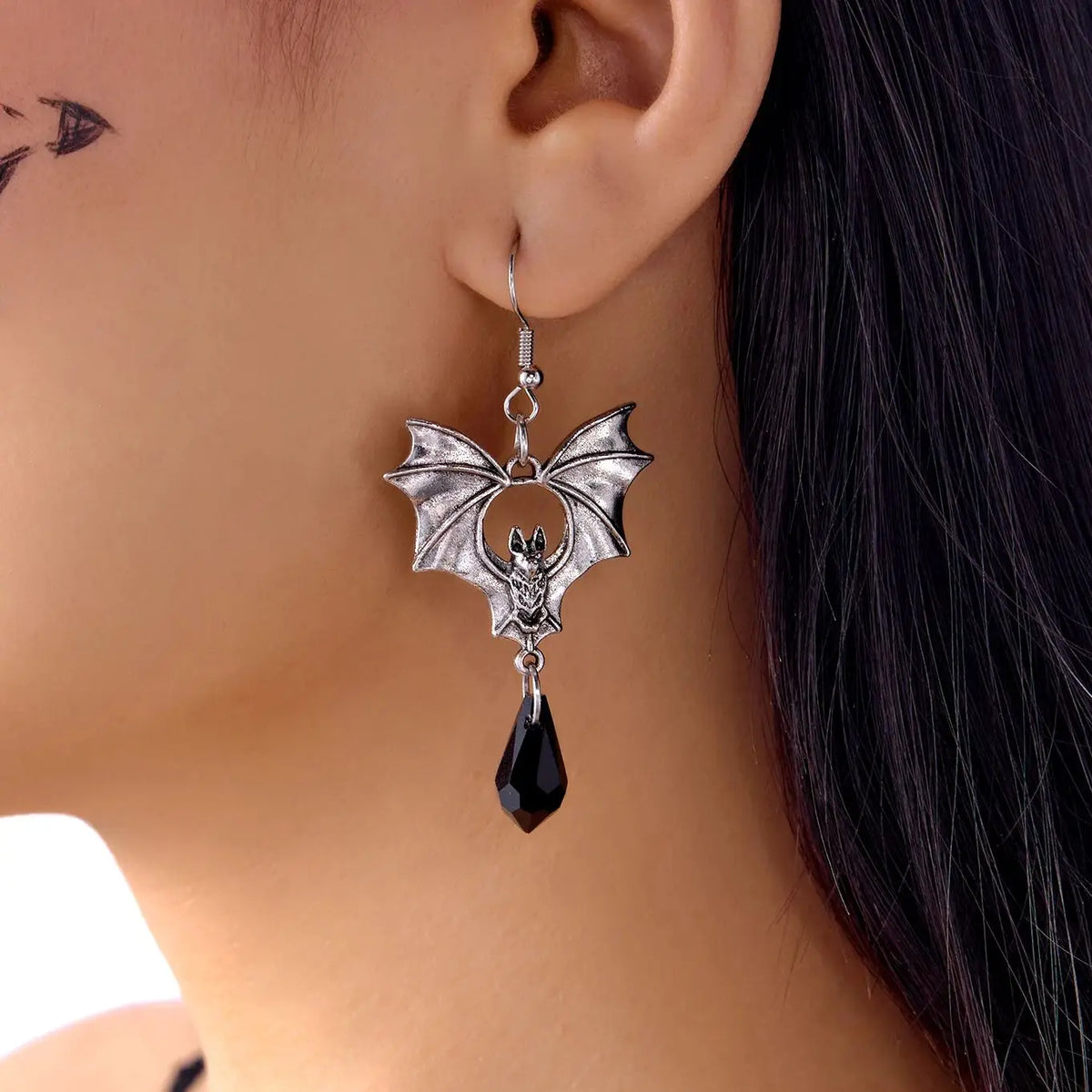 Gothic Vampire Bat Drop Earrings — Black Crystal Halloween Jewelry
