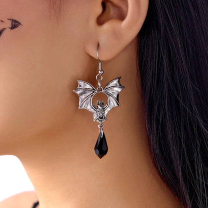 Gothic Vampire Bat Drop Earrings — Black Crystal Halloween Jewelry