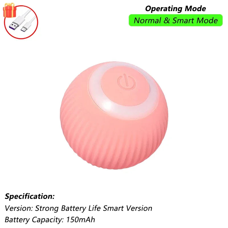 Pink spherical device with power button on a white background, featuring text about operating modes and specifications.