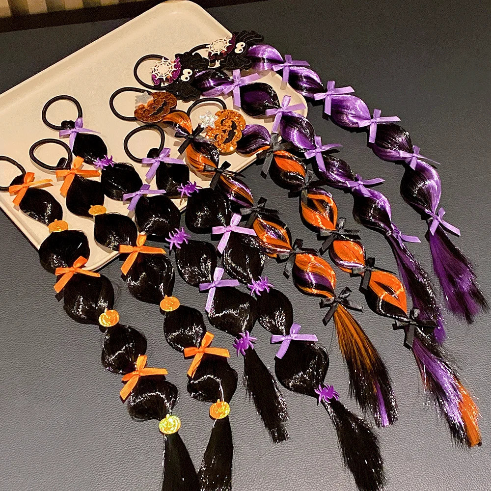 Halloween Hair Ties & Wig Caps Set — Pumpkin & Spider Hair Accessories