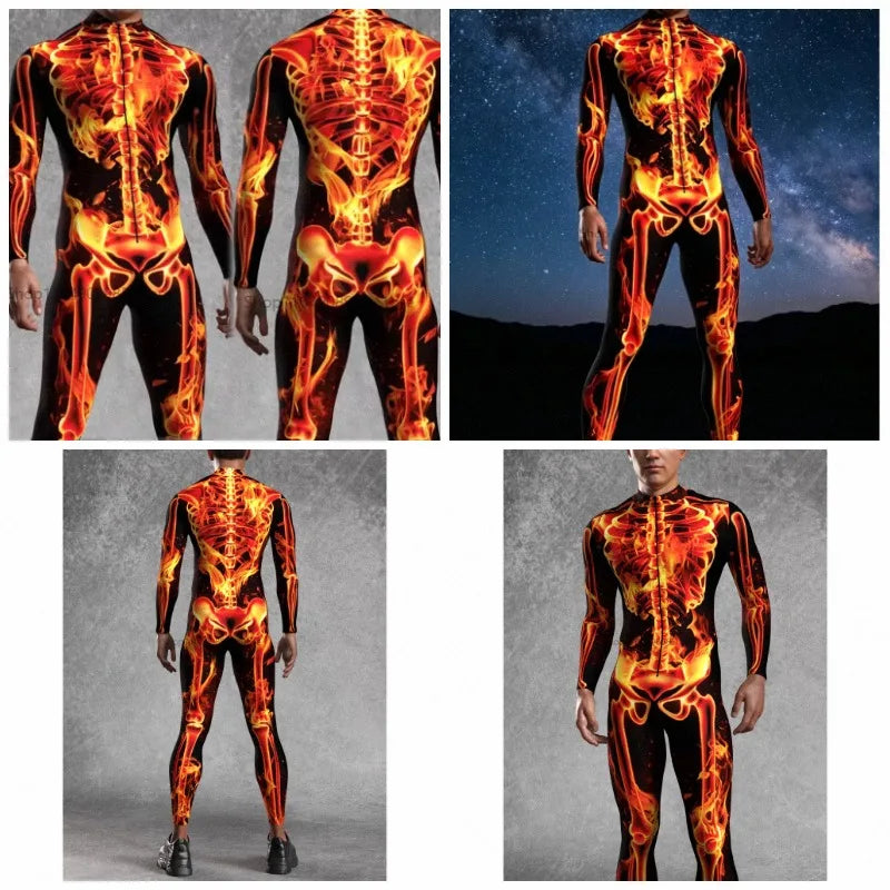 Flame Skeleton Jumpsuit Costume for Men – Halloween Tights Suit