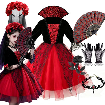 Gothic Vampire Bride Costume for Girls - Lace Tulle Dress with Accessories