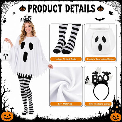 Women's Ghost Costume Set – Poncho, Headband & Tights