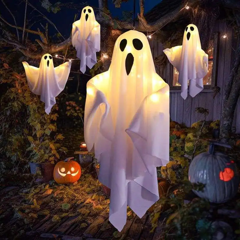 Glowing White Ghost LED Hanging Halloween Decoration with Fairy Lights