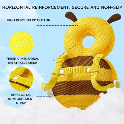 Yellow baby seat with bee design and features highlighted on a blue background