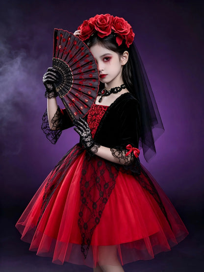Gothic Vampire Bride Costume for Girls - Lace Tulle Dress with Accessories